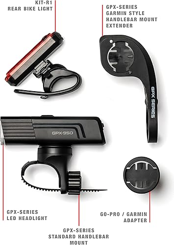 Miniatura 8 de GPX-950 - Luces de bicicleta compatibles con soportes GarminGo-Pro, luz delantera y trasera recargable USB-C para bicicleta de día o noche, cuarto