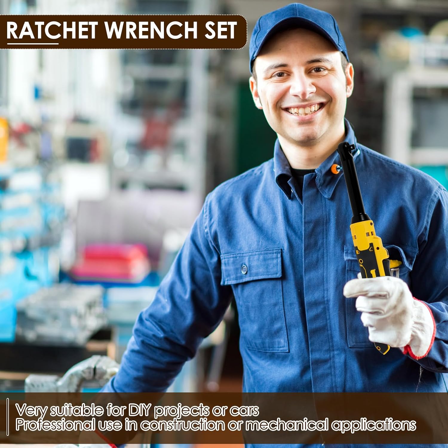 3/8" Cordless Ratchet Wrench for 20V Series Batteries, Extended Electric Ratchet Wrench with 8 Metric Sleeves,Built-in LED Light 1/4" Adapter & 3" Extension Bar