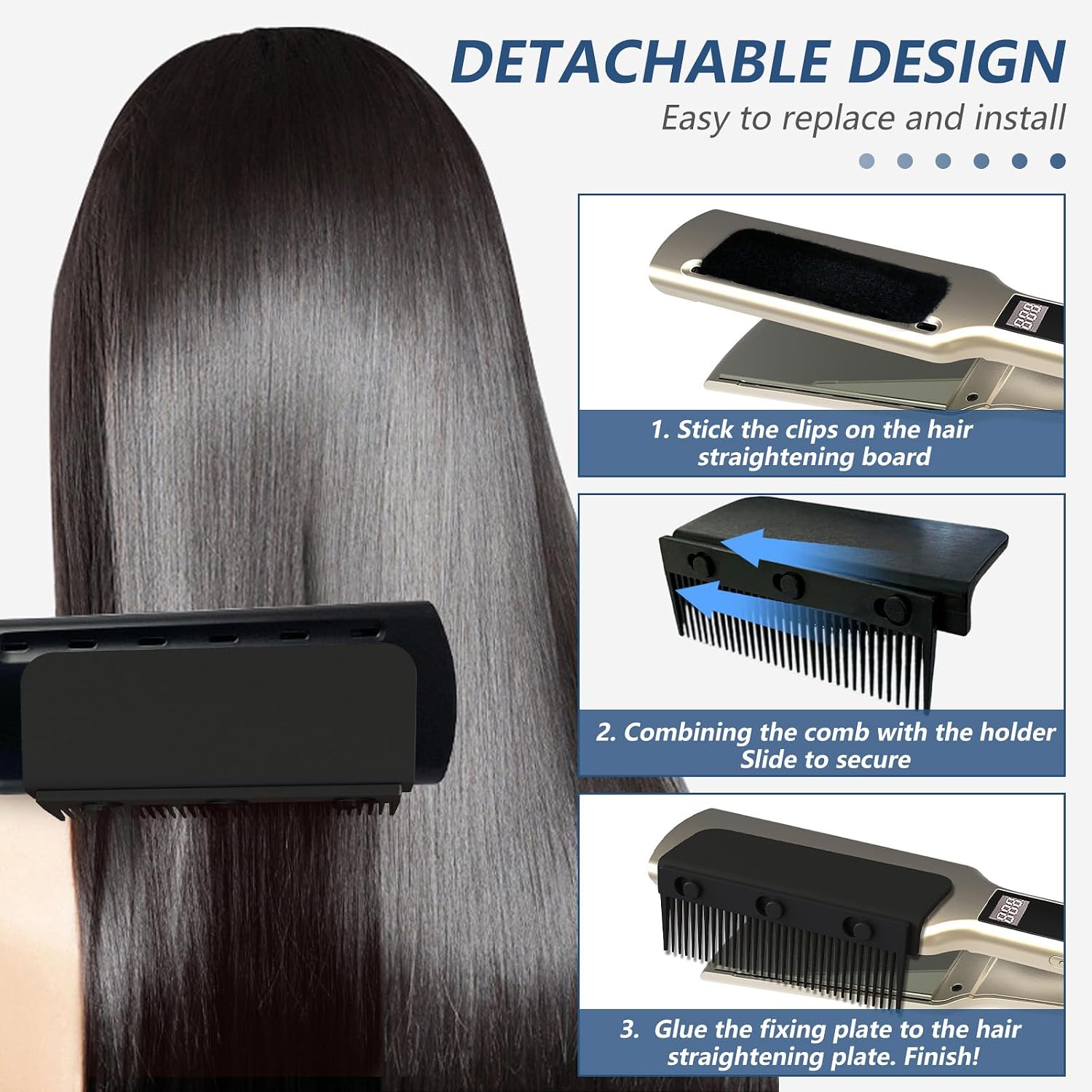 Flat Iron Comb Attachment Clip On, 500 Degrees High Temperature Resistant Material, Professional or Home Use Compact Hair Styling Tool (Black)