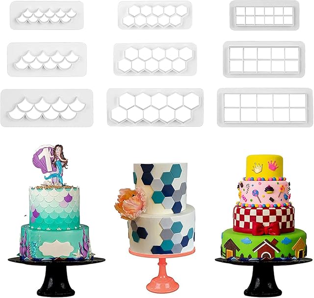 9 Pieces Cake Mold Cookie Fondant Cutters, Geometric Biscuit Cutters for Birthday Cake Cupcake Decorating, Square & Hexagon Cookie Cutters, Mermaid Cake Fish Scale Fondant Cutters