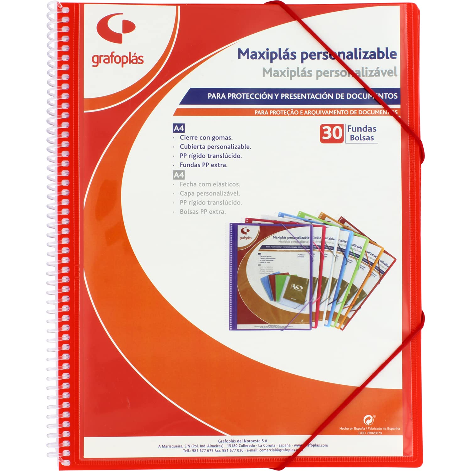 Grafoplás 39843051 Customisable Spiral Binder, 30 Transparent Covers, Red, 30.8 x 24 x 14