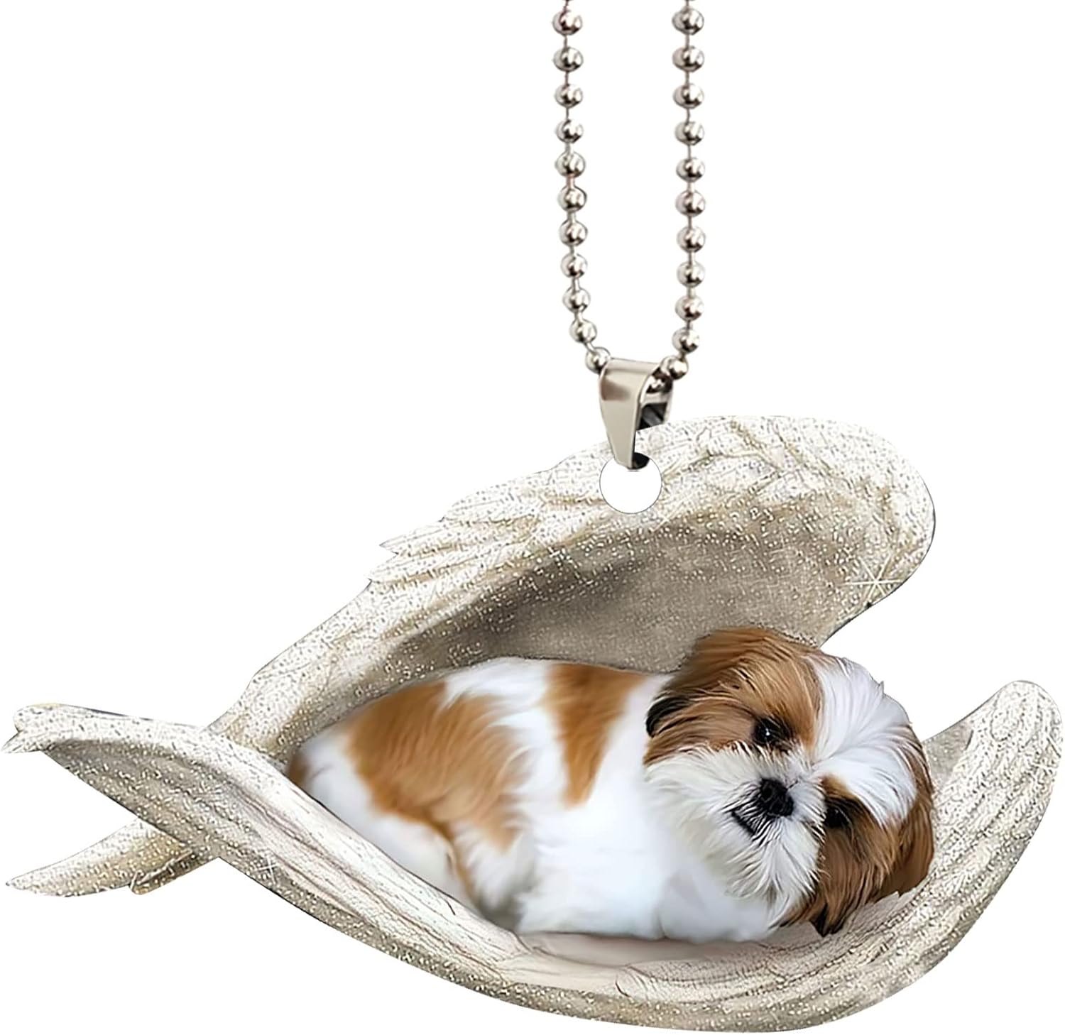 Talataca Gold White Shih Tzu Sleeping Angel Shihtzu Animal Pet Dogs 2D Flat Car Rear View Mirror Accessories Christmas Tree Ornament Decoration Hanging Charm Interior Rearview Pendant Decor Gift