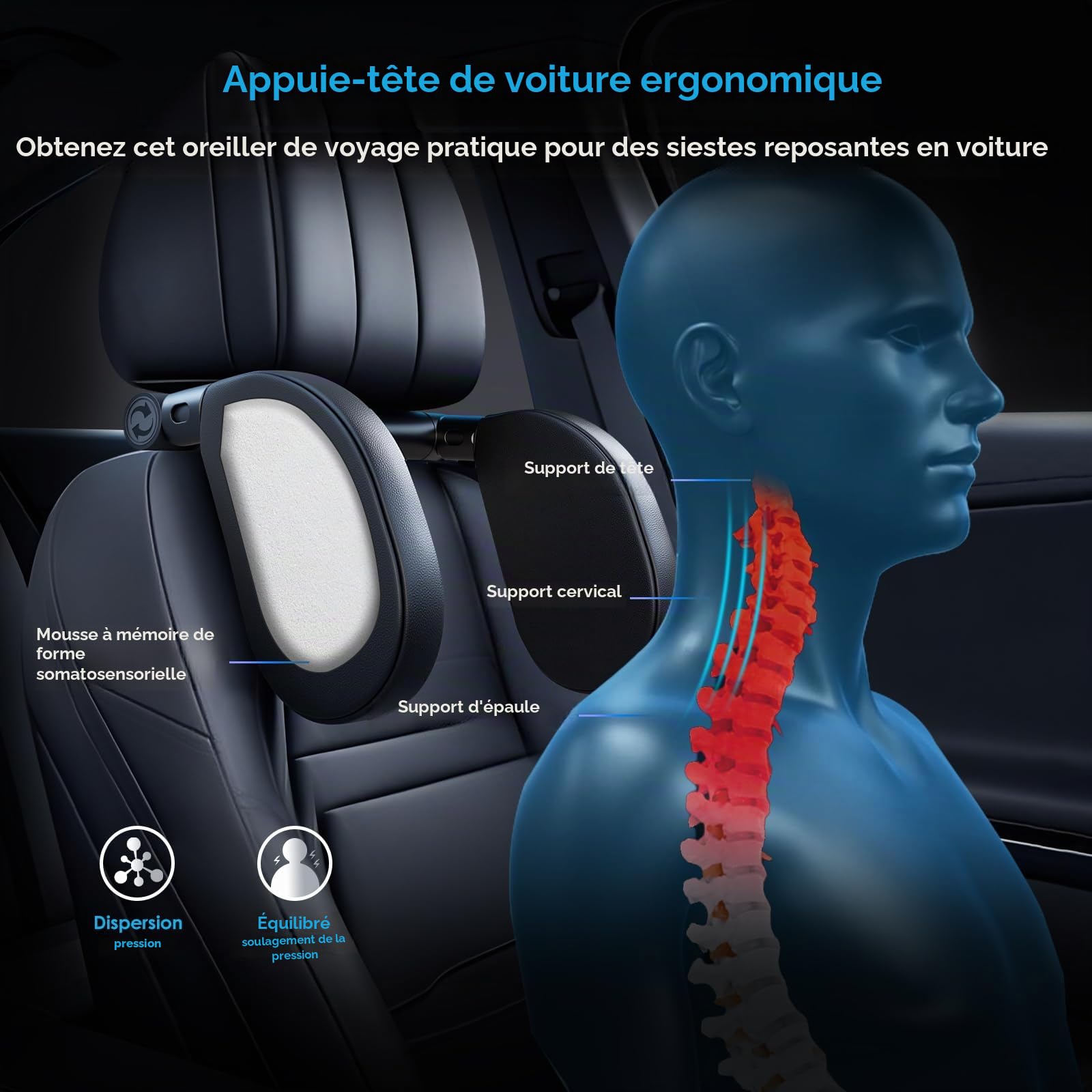 Cale Tête Enfant Voiture Adulte & Enfant | Repose Tête Voiture pour Dormir | Appuie Tête Voiture en Mousse Mémoire | Oreiller de Voyage Réglable (Nouveau 2025) (Noir X1)