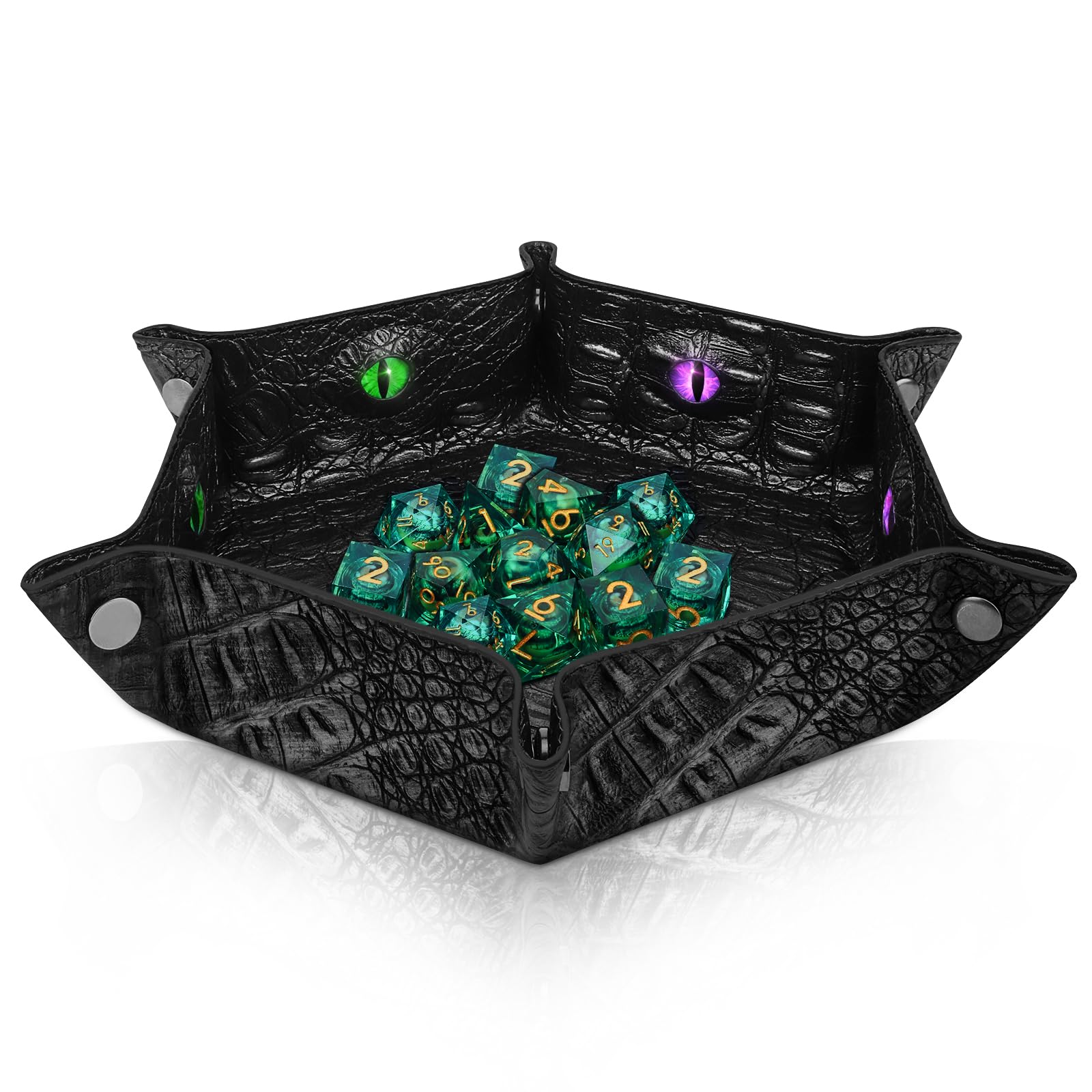 Byhoo Crocodile Pattern DND Dice Tray, Foldable Hexagonal Dice Rolling Tray, Glow-in-the-Dark Eye Dice Tray, Perfect for RPGs, DND, and Tabletop Games(Black)