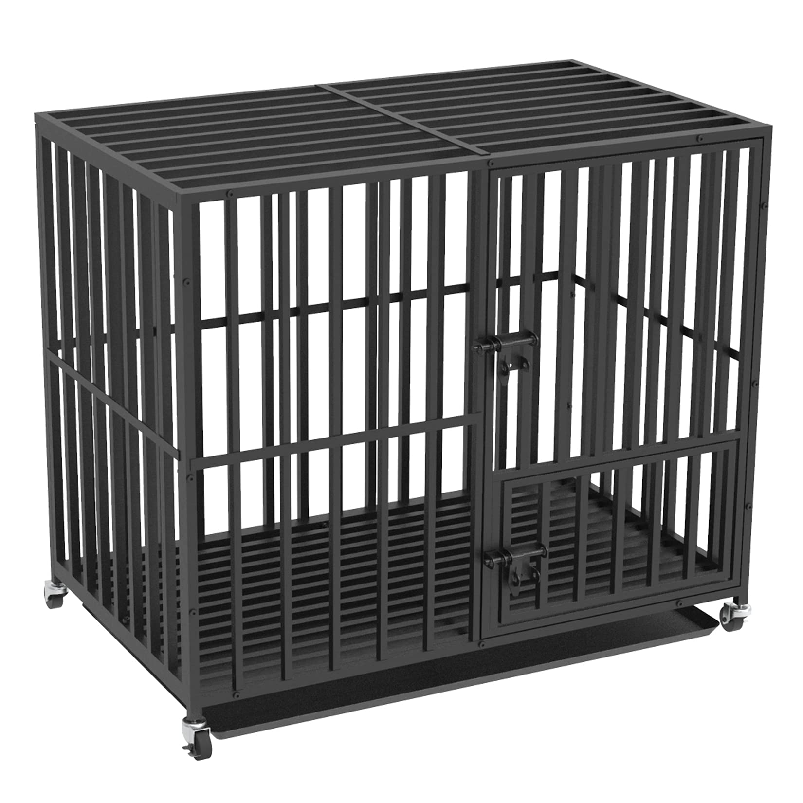 Wisfor Heavy Duty Dog Crate: 38 inch Wheeled Large Pet Cage with Tear Resistant Square Tube - Metal Military Puppy Kennel with 2 Prevent Escape Lock and Tray L Size (95x58.5x82.5cm)