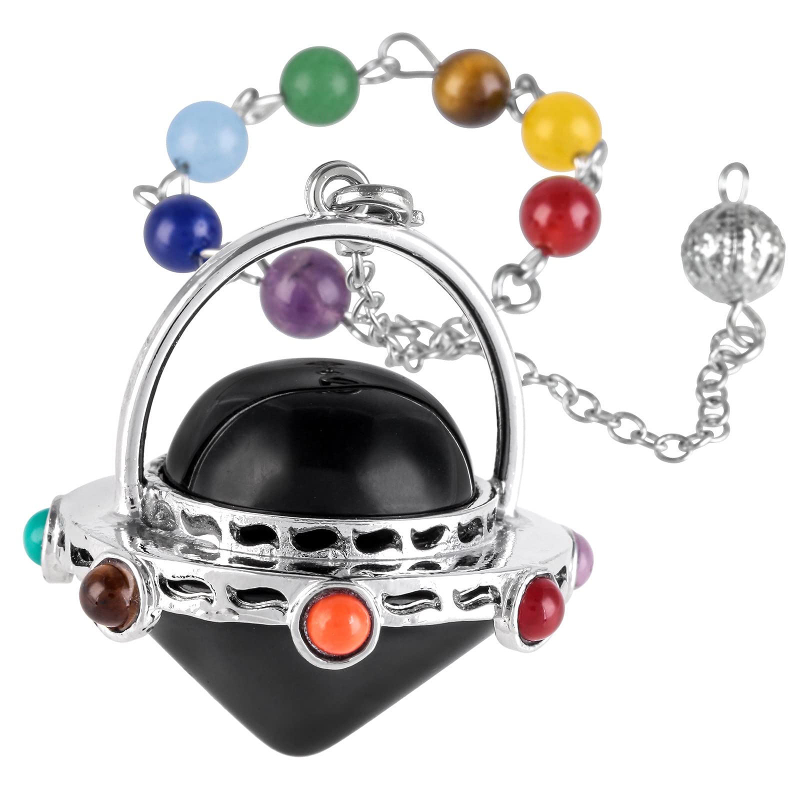 Mookaitedecor - Colgante de péndulo con punta de cristal cónica, de piedras de los 7 chakra con cadena para la radiestesia y la mediación, obsidiana negra