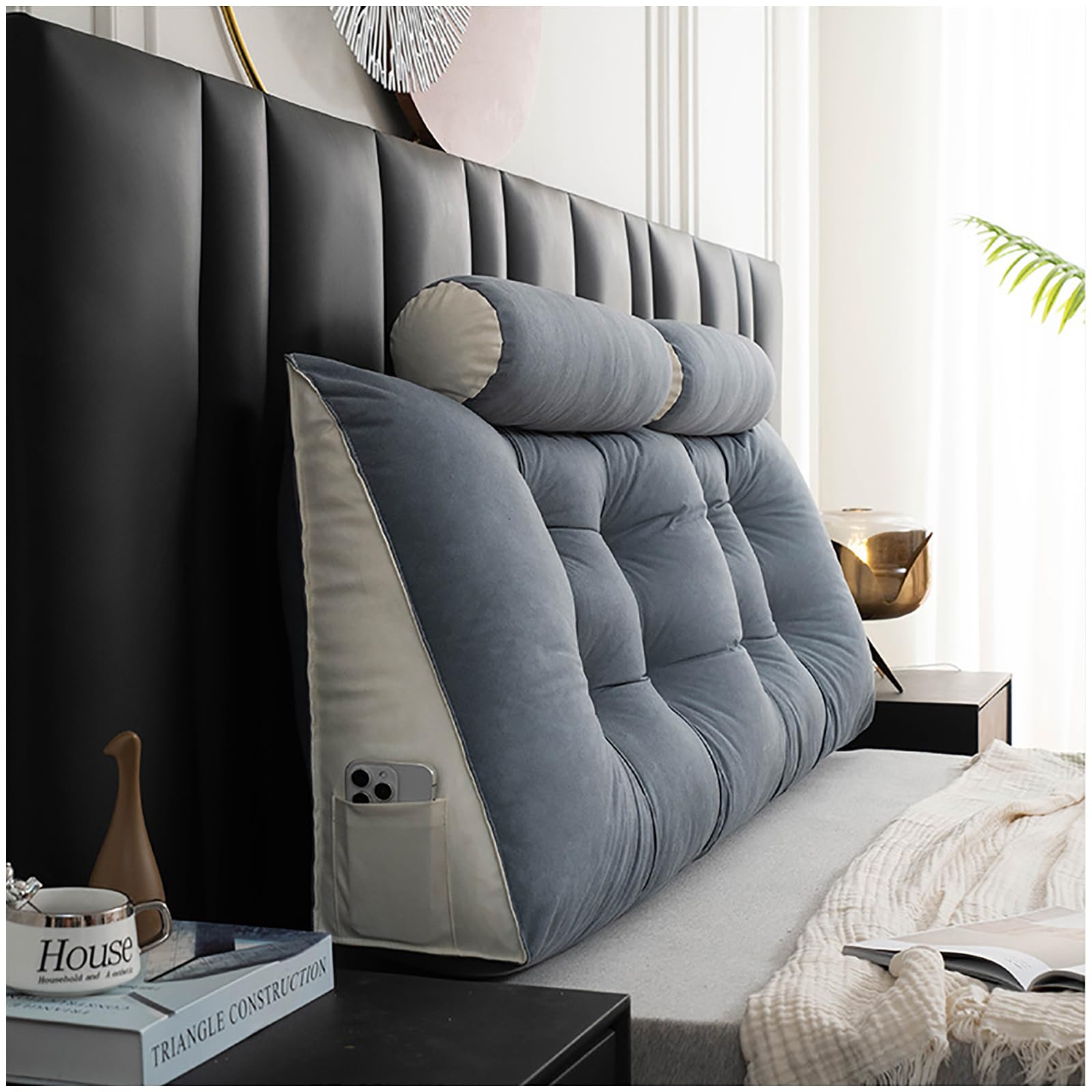 Coussin de canapé triangulaire 80cm gris foncé avec rouleau