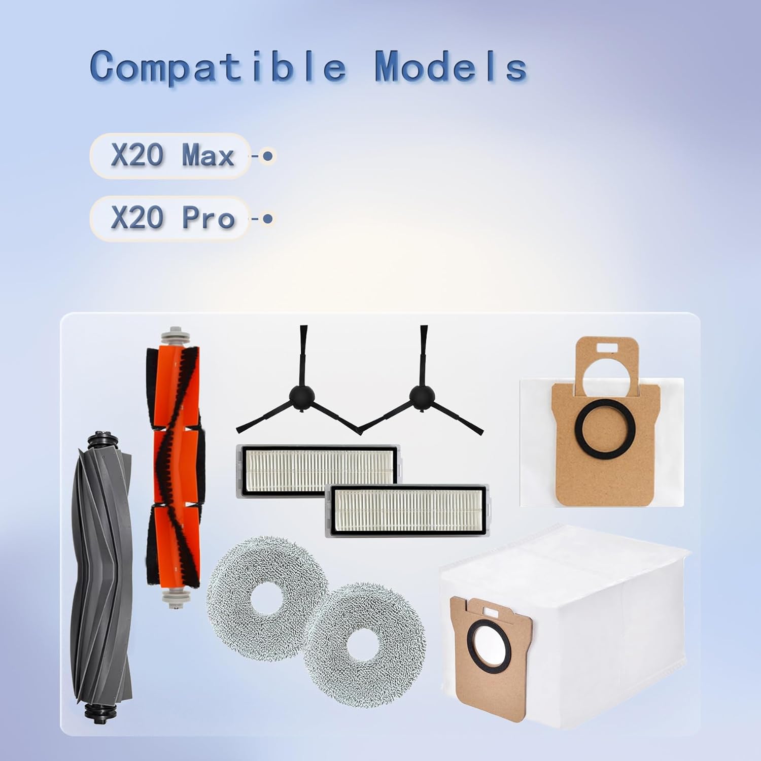 Replacement Accessories Kit Compatible with Xiaomi X20 Max, X20 Pro Robot Vacuum, Include 2 Main Brush + 6 Side Brushes + 4 HEPA Filters + 8 Mop Clothes +6 Dust Bags