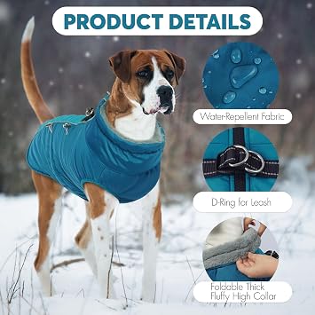 IDOMIK Warm Dog Coat with Harness, Waterproof Reflective Dog Jackets for Large Dogs, Fleece High Collar Winter Jacket with Zipper, Pet Winter Snowsuit Clothes for Cold Weather,Green 2XL