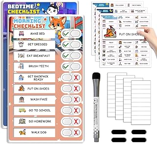 2 in 1 Upgraded Slider Bedtime/Morning Routine Chart for Kids Toddlers, Dry Erase Chore Chart for 2 Kids, Magnetic Visual Schedule for Kid