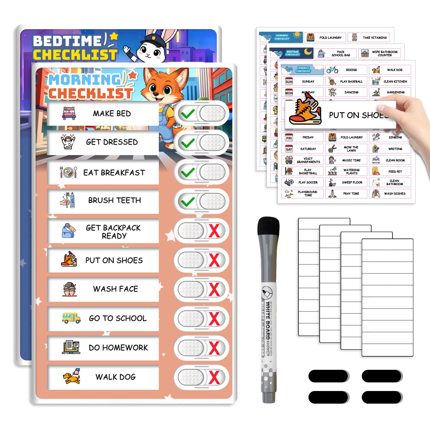 2 in 1 Upgraded Slider Bedtime/Morning Routine Chart for Kids Toddlers, Dry Erase Chore Chart for 2 Kids, Magnetic Visual Schedule for Kid