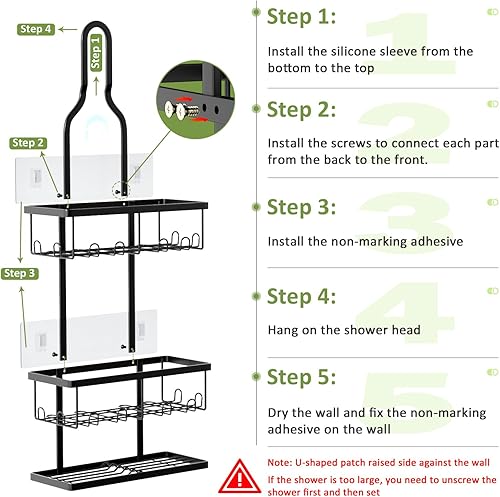 Miniatura 6 de AHNR Organizador de ducha colgante, organizador de ducha de baño, organizador de ducha negro sobre cabezal de ducha con ganchos y adhesivos, estante