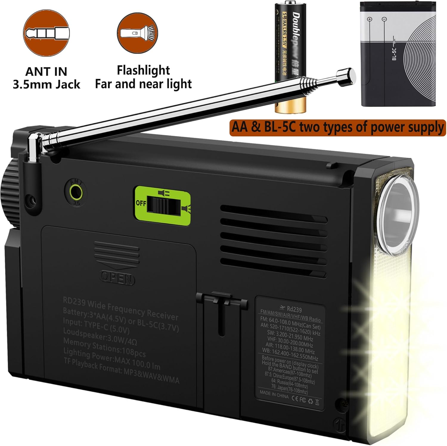 LIJIANI Shortwave Radio AIR/VHF/AM/FM/SW/Weather Bands Transistor with TF Card/Flashlight,Key Backlight, Digital Record, Alarm Clock,Sleep Timer,Powered by AA and Lithium Battery ANT Jack (RD239)