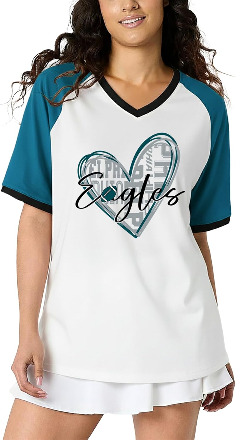 Football Shirts for Women Game Day V-Neck Tshirt Casual Football Short Sleeve Team Fan Graphic Tee Top