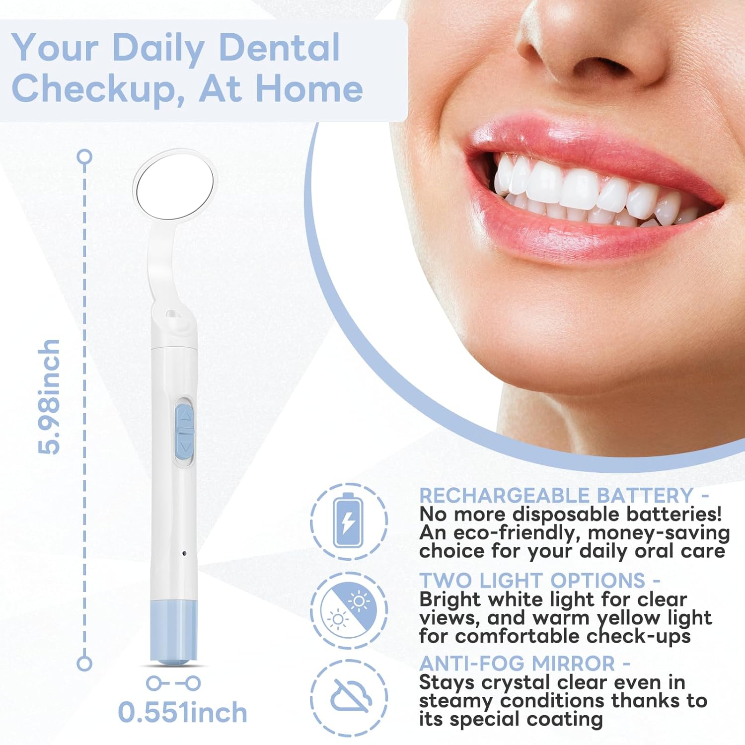 InhwRior Rechargeable LED Dental Mirror with USB Charging Function, Anti-Fog Mirror Surface, White & Yellow Dual Lighting, Detachable Design for Easy Cleaning(Blue)