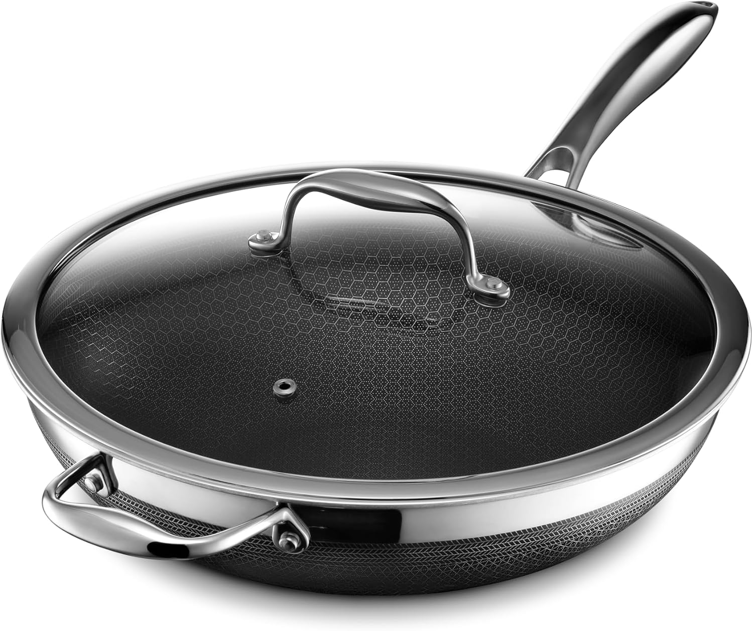 HexClad Hybrid Nonstick 12-Inch Wok with Stainless Steel Lid, Stay-Cool Handle, Dishwasher-Friendly, Oven-Safe Up to 900°F, Induction Ready, Compatible with All Cooktops