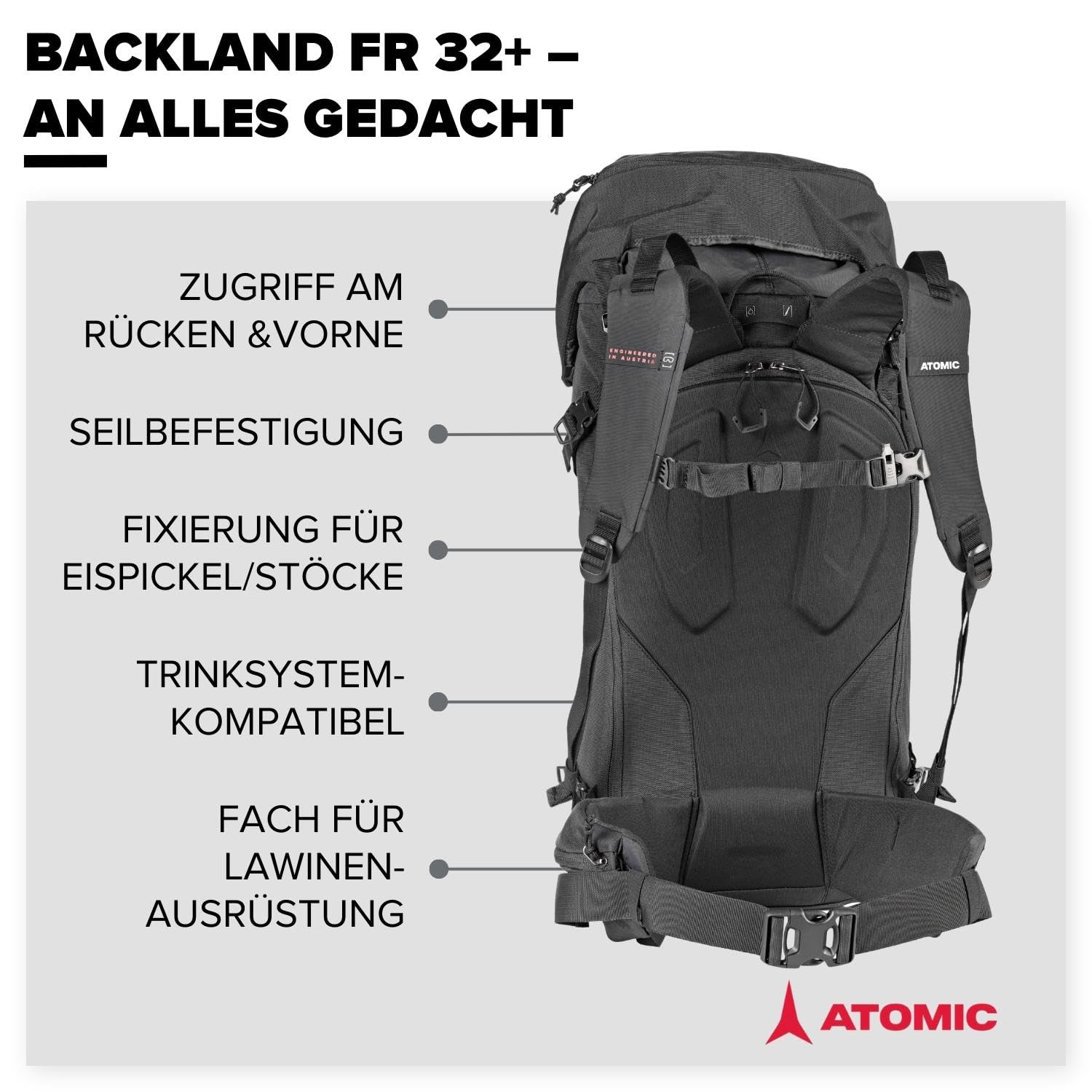 ATOMIC Backland FR 24+ Black - leichter Skitouren-Rucksack mit flexiblem Stauraum & Rolltop - alpiner Wanderrucksack mit mehr als 24L - robuster & vielseitiger Ski-Rucksack mit Hüftgurt