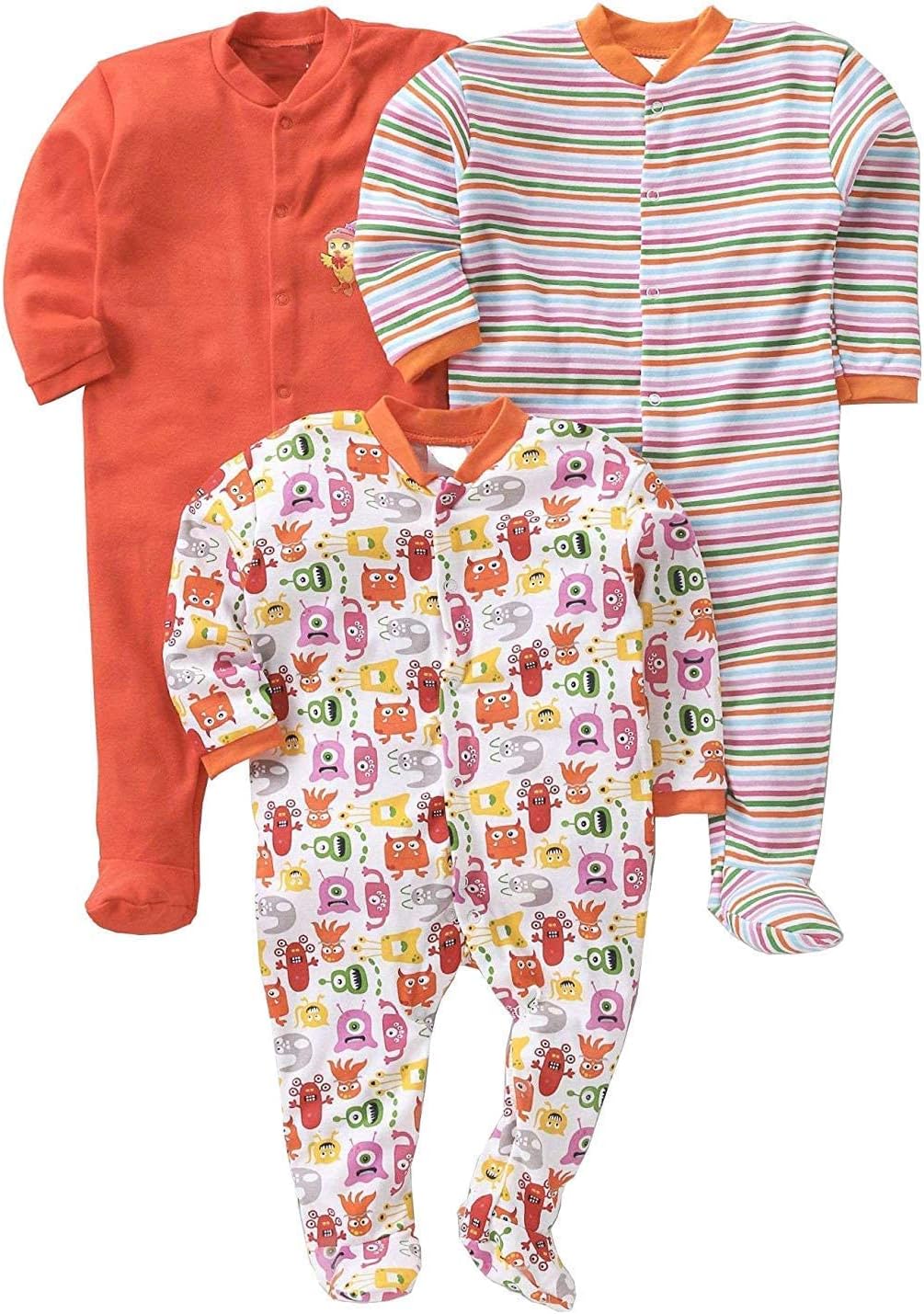 New Born Baby Multi-Color Long Sleeve Cotton Sleep Suit Pack of 3 Plus One Bodysuit Onesie Free.