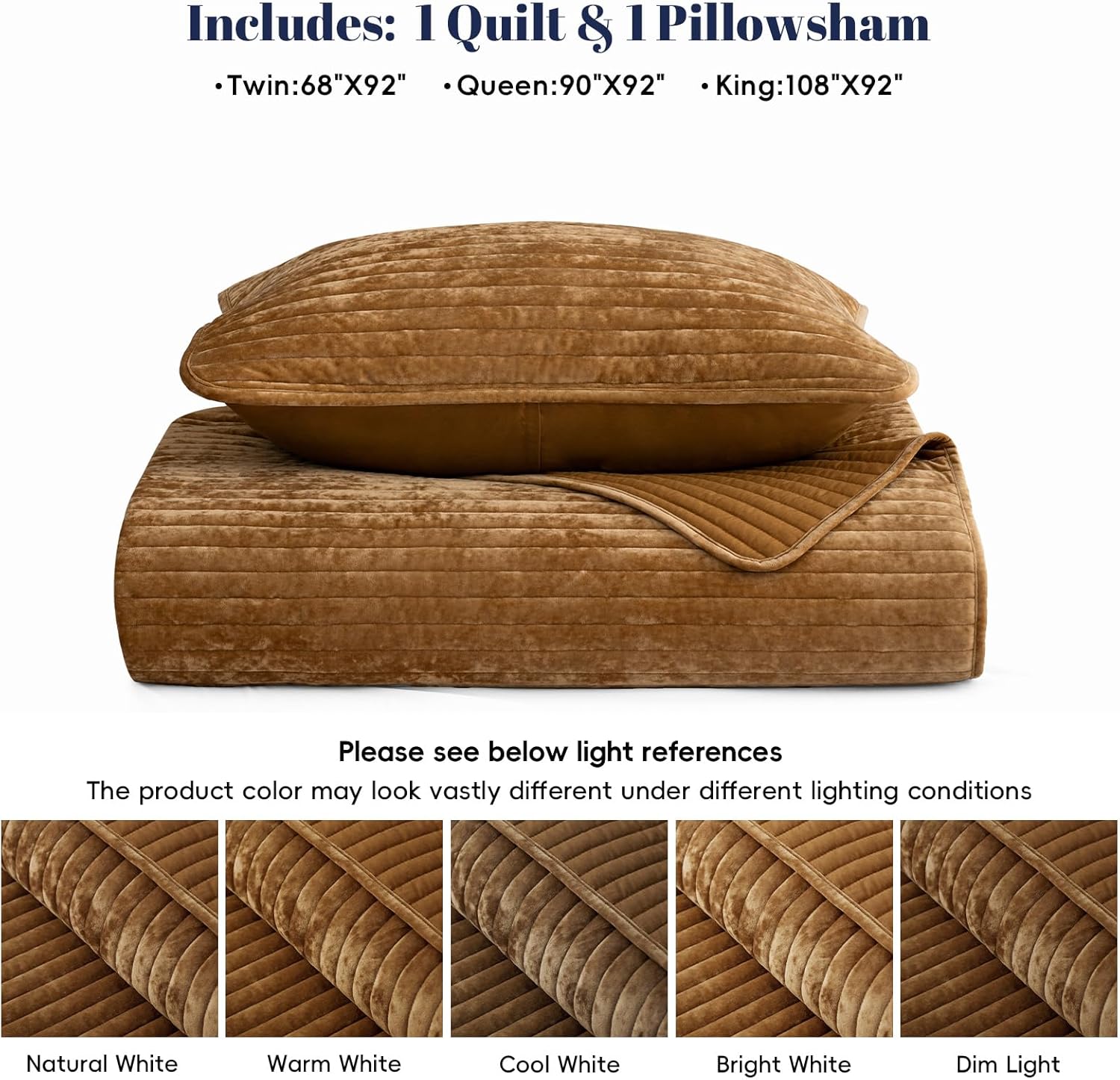 PHF Luxury Velvet Quilt Set Twin Size – 2PCS Ultra Soft Quilted Comforter Alternative with Striped Channel, Cozy Quilted Bedspread, 1 Coverlet with 1 Matching Sham, 68" x 92", Rusty Burnt Orange - Image 6