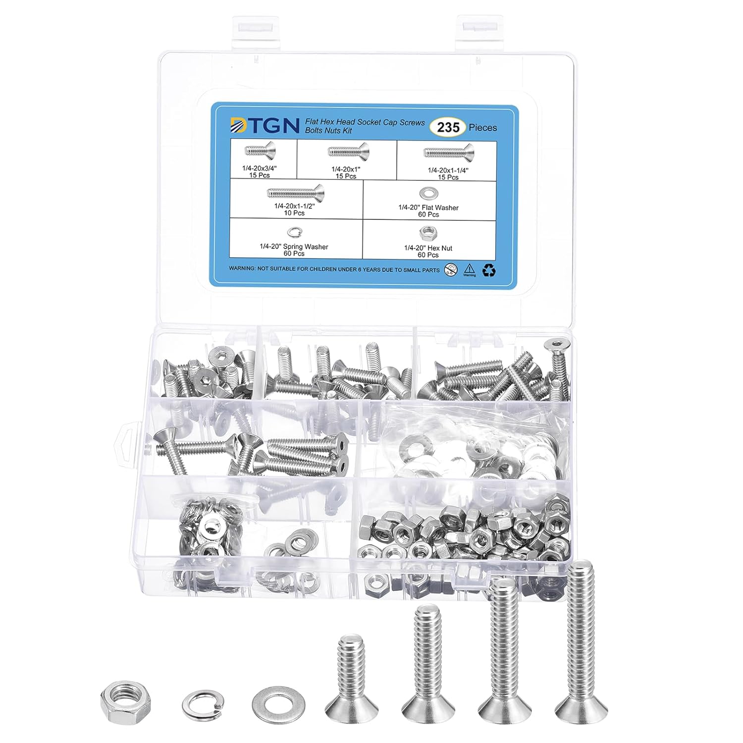 DTGN 360Pcs 1/4-20 x 3/4" /1" / 1-1/4" /1-1/2" Flat Head Hex Socket Cap Screws Bolts Nuts Washers Kit, 304 Stainless Steel
