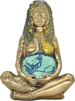 Mother Earth Gaia Statue Goddess Figurine Resin Wiccan Altar Table Decor for Witchy Spiritual Room Supplies Collections, Painted Bronze Blue
