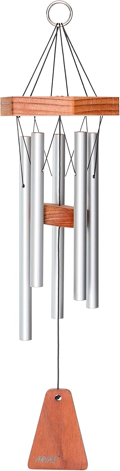 Arias 17-inch Redwood Wind Chime in Satin Silver by Wind River for Patio, Backyard, Garden, and Outdoor décor. Made in The USA