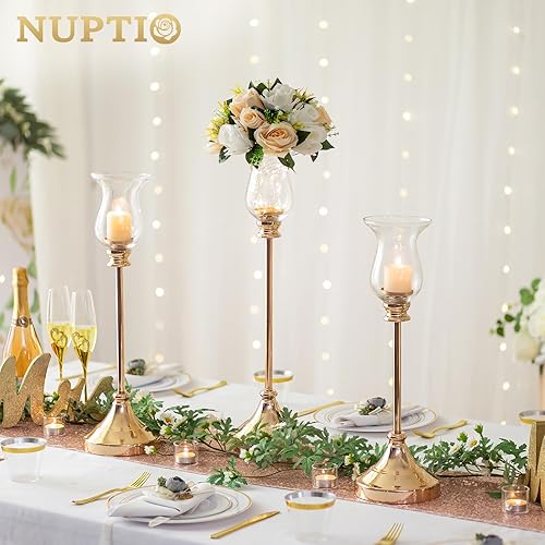 Miniatura 8 de NUPTIO Portavelas de huracán dorados 3 piezas de portavelas de pilar de vidrio grande para centro de mesa Soporte de candelabros de metal - Jarrón