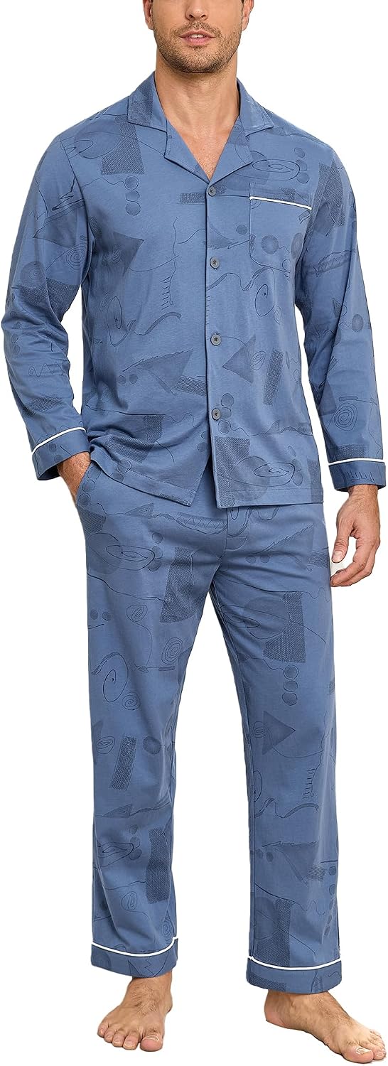 COLORFULLEAF Men's 100% Cotton Pajamas Set Long Sleeve PJs Lightweight Button Up Sleepwear Lounge Sets with Pockets