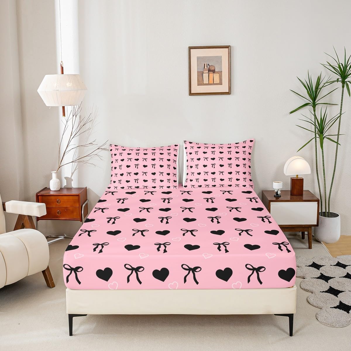 jejeloiu Bow Tie Bed Sheets Set Queen Size Heart Love 4 Pieces Sheet with 16" Deep Pockets for Kids Boys Girls Decor Bow Bedding Pink Black Romantic Bedroom Decor