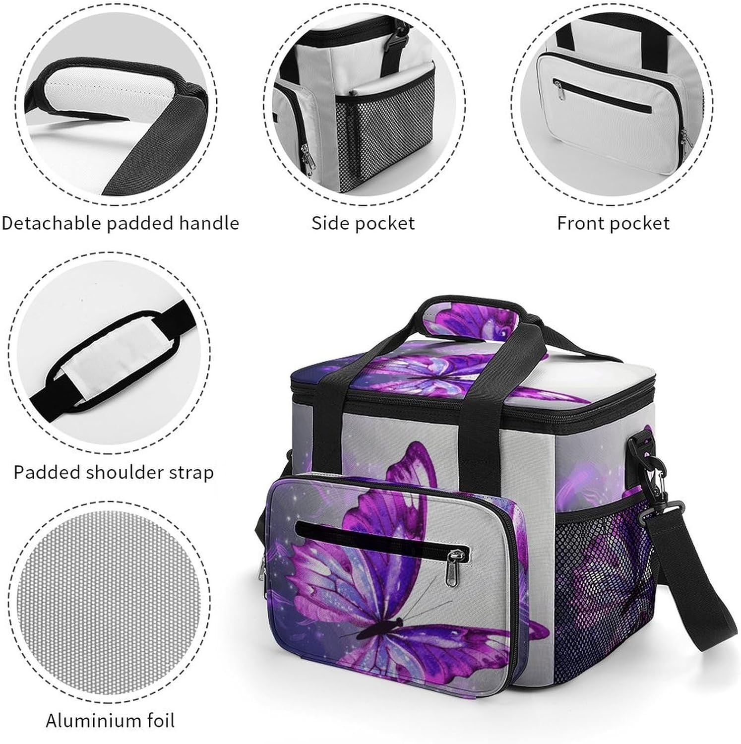 Large-Capacity Oxford Cloth Purple Butterfly Printed Camping Ice Bag, Outdoor Portable Insulation and Cold Storage Bag, Enjoy A Cool Camping Time