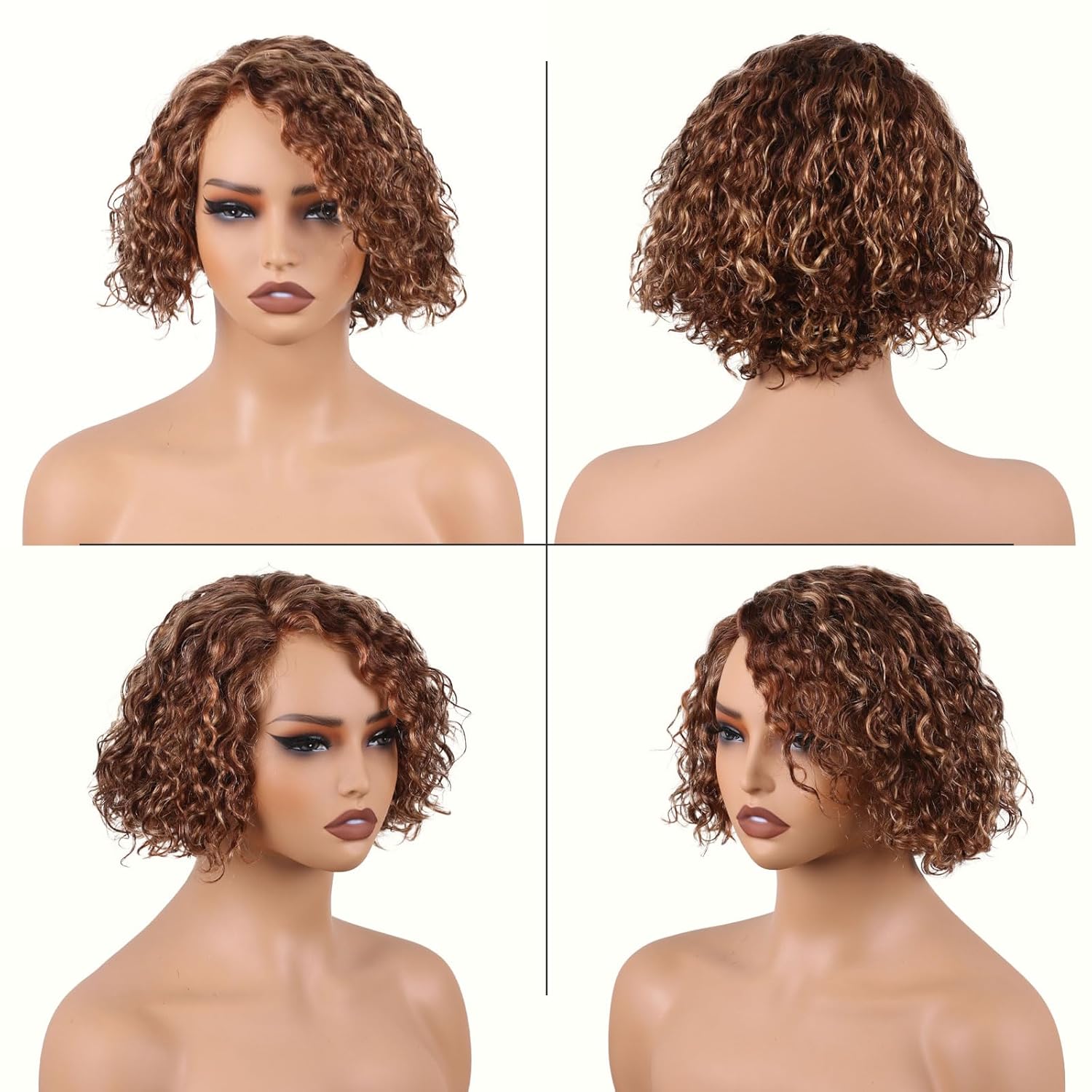 Deep Curly Human Hair Wigs, Side Part Lace Front Pre Cut Lace, Wear and Go Glueless Wig 8 Inch Short Curly Bob Wigs for Women,100% Brazilian Human Hair,4/27/30 Brown Mixed Honey Blonde