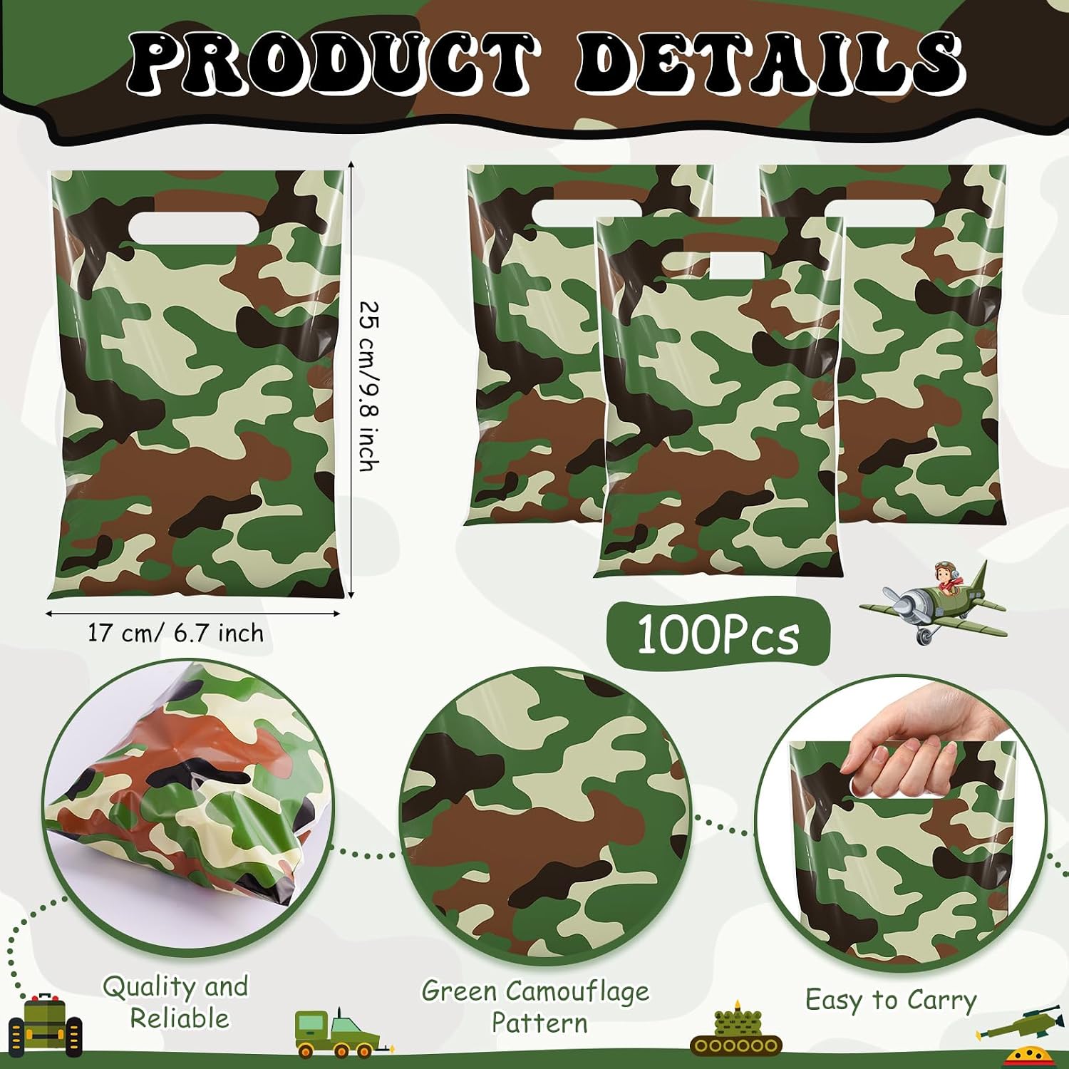 Funrous 100 Pcs Camo Party Gift Bags Green Camouflage Birthday Party Favor Goodie Bags Military Plastic Candy Totes for Veterans Army Baby Shower Birthday Decorations Supplies