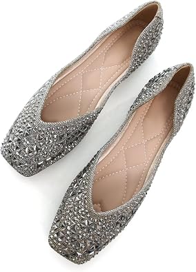 ChaiRong Zhou Womens Square Toe Flats Low Heel Dress Shoes Comfortable Ballet Flats Slip on Rhinestone Wedding Shoes
