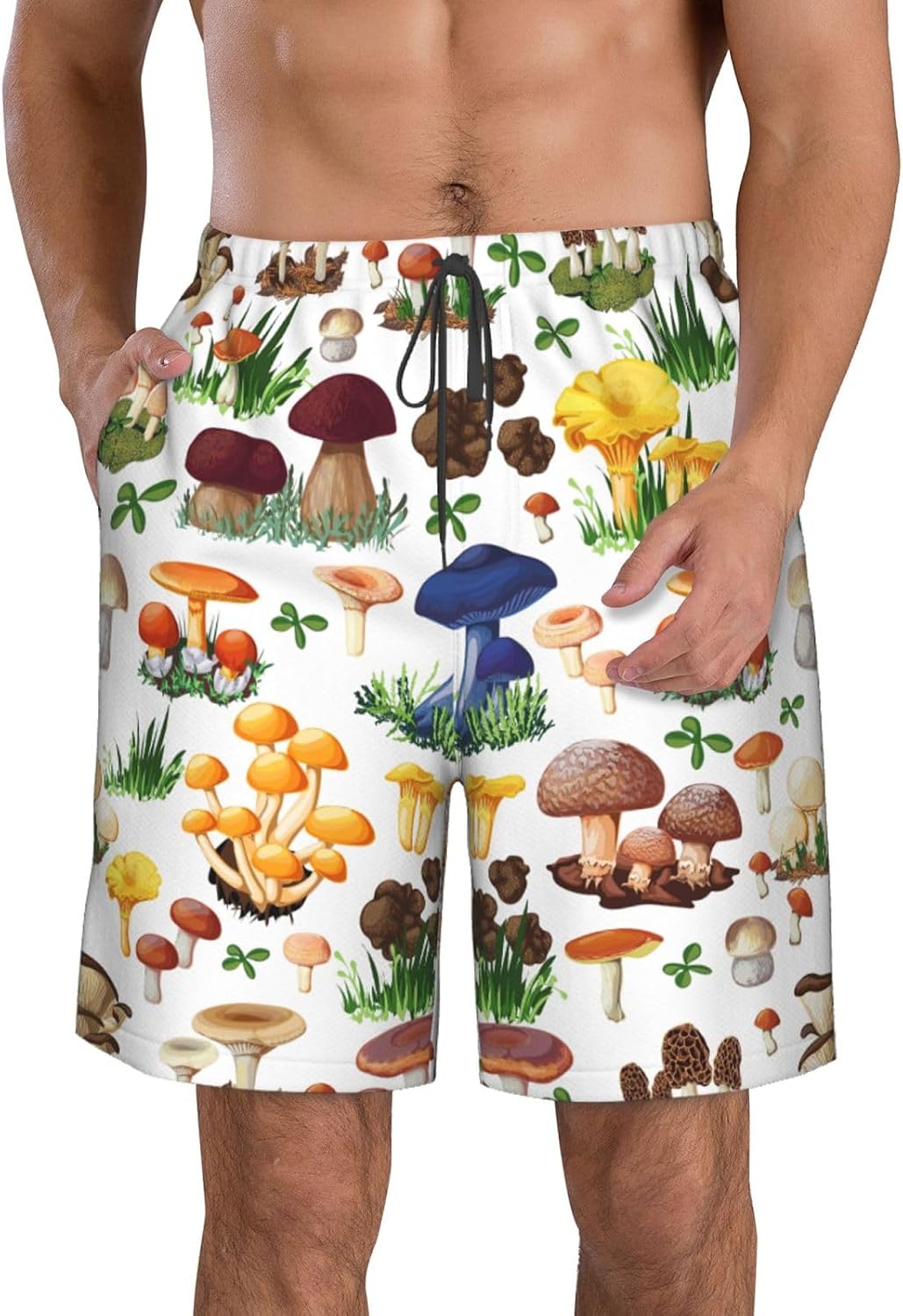 Japanese Painting Mushroom Print Mens Casual Shorts Drawstring Summer Beach Stretch Shorts Novelty Swimtrunks