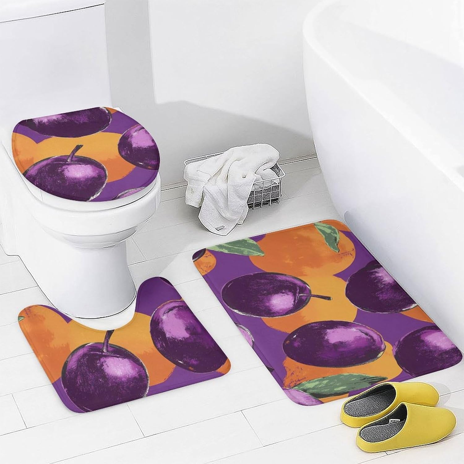 Plums and Orange Bathroom Sets with Shower Curtain and Rugs 4 Piece with U-Shaped Floor Mat Toilet Lid Cover