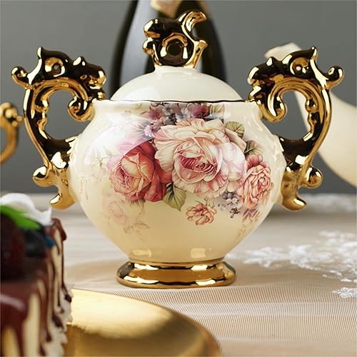 Miniatura 2 de fanquare Contenedor de azúcar de porcelana dorada, soporte floral para barra de café, azucarero de cerámica de 12 onzas con tapa para encimera,