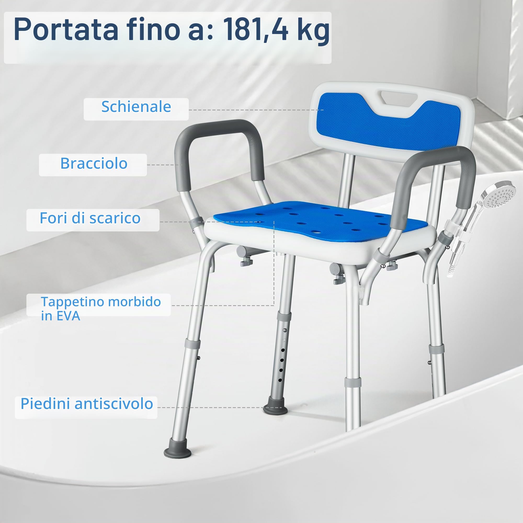 Sedia per Doccia per Anziani, Disabili e Donne Incinte, Sedia da Doccia con Braccioli e Schienale, Sedile per Vasca da Bagno Antiscivolo, Sgabello Doccia Anziani, Regolabile in Altezza