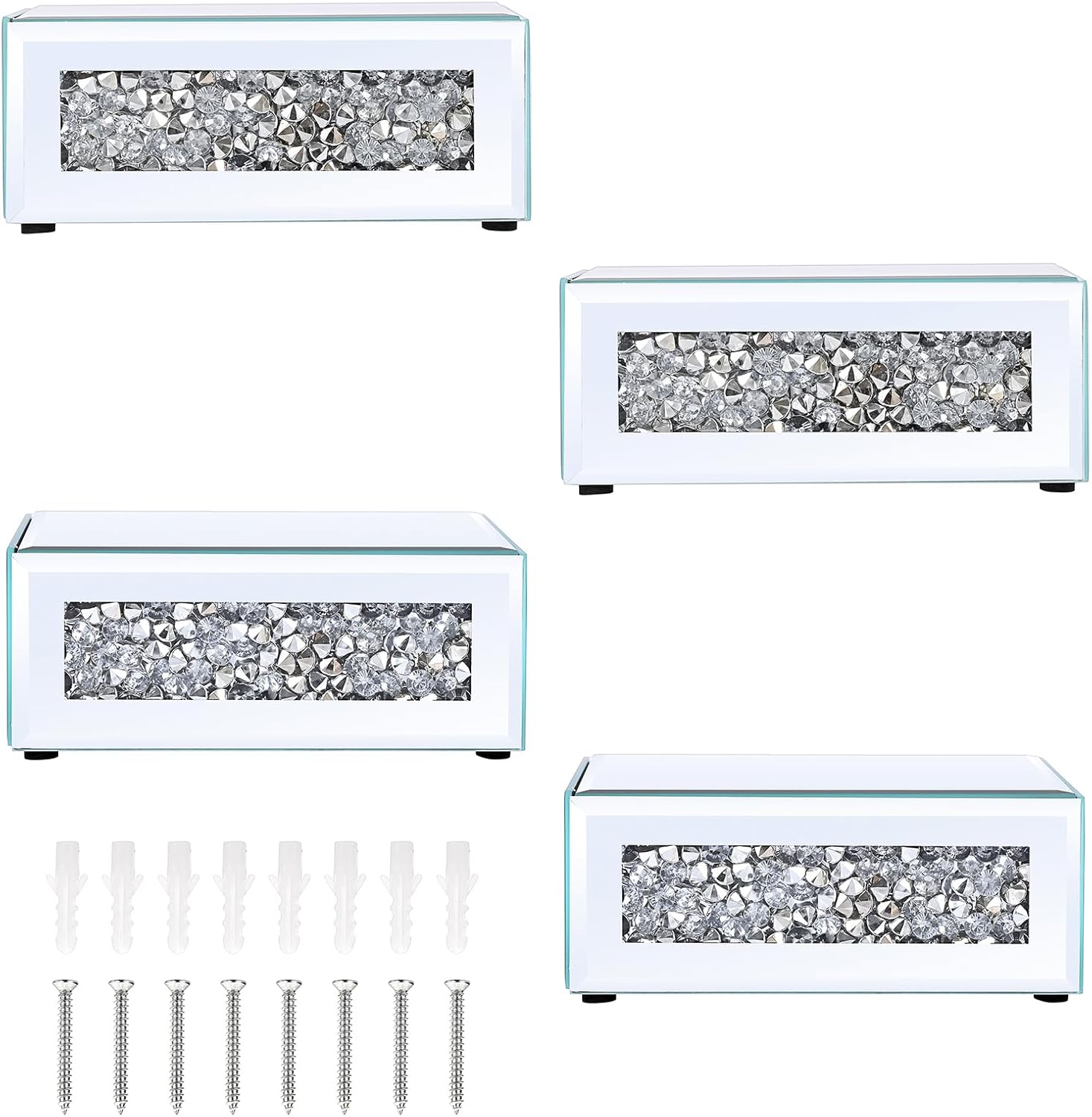 Sumnacon Mounted Floating Shelf 4 Pcs Decorative Floating Shelf for Bathroom Decor Stylish Crushed Diamond Floating Wall Shelf for Plants Sturdy Mirrored Wall Mounted Floating Shelf for Living Room