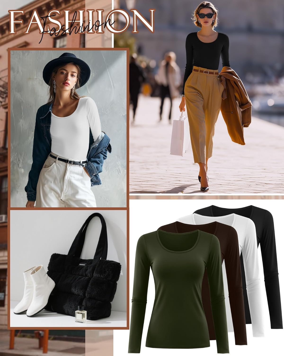 Ficerd 4 Pack Women's Scoop Neck Tops Long Sleeve Slim Fit T-Shirts Stretchy Tight Casual Plain Layering Shirts Tees - Image 4