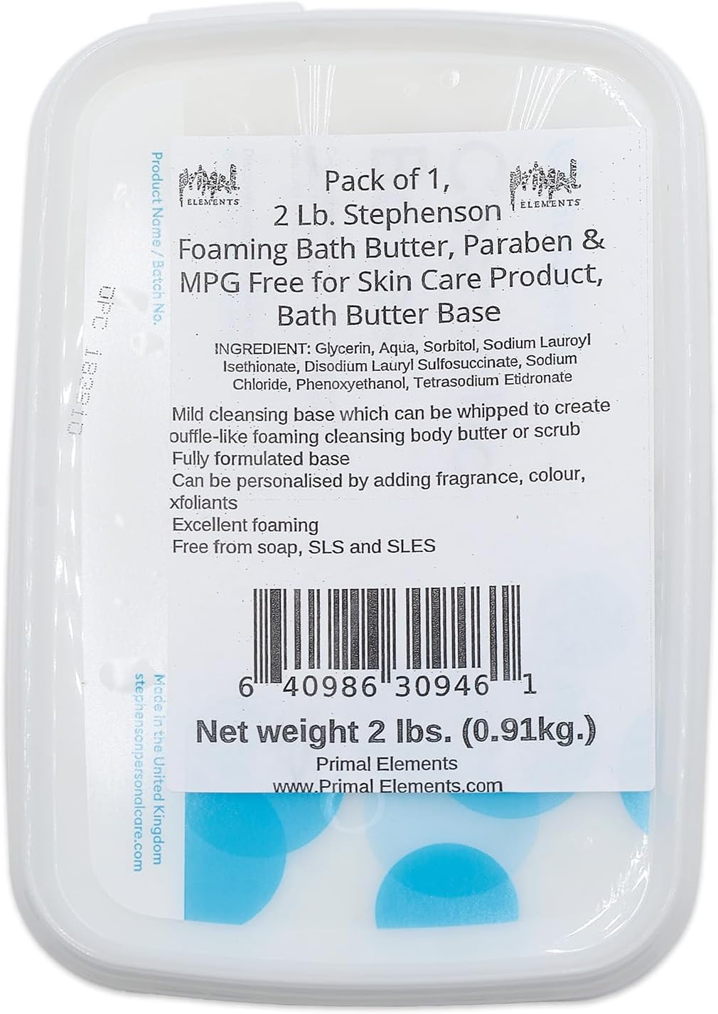 Primal Elements 2 Lb. Stephenson Foaming Bath Butter, Paraben & MPG Free for Skin Care Product, Bath Butter Base for Soap Making, Nonirritant for Sensitive Skin, Fragrance Free, Colorless