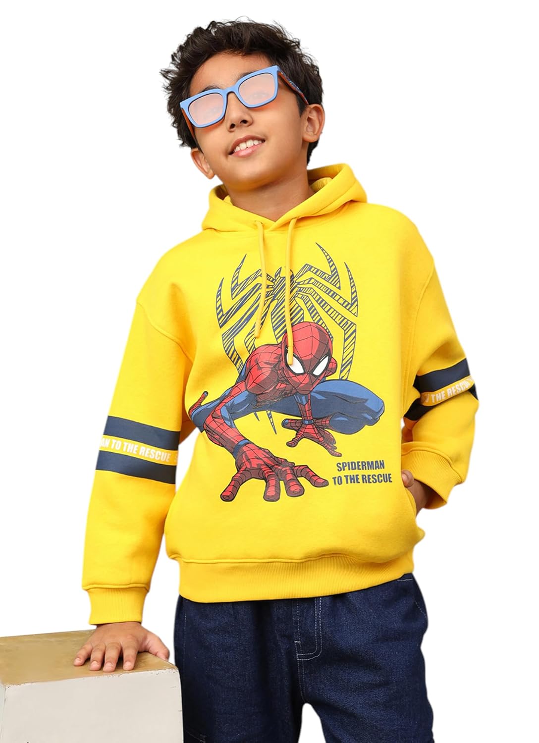 Kidsville Official Marvel Comic Spiderman: to Be Rescue Graphic Printed Yellow Oversized Hoodie for Boys