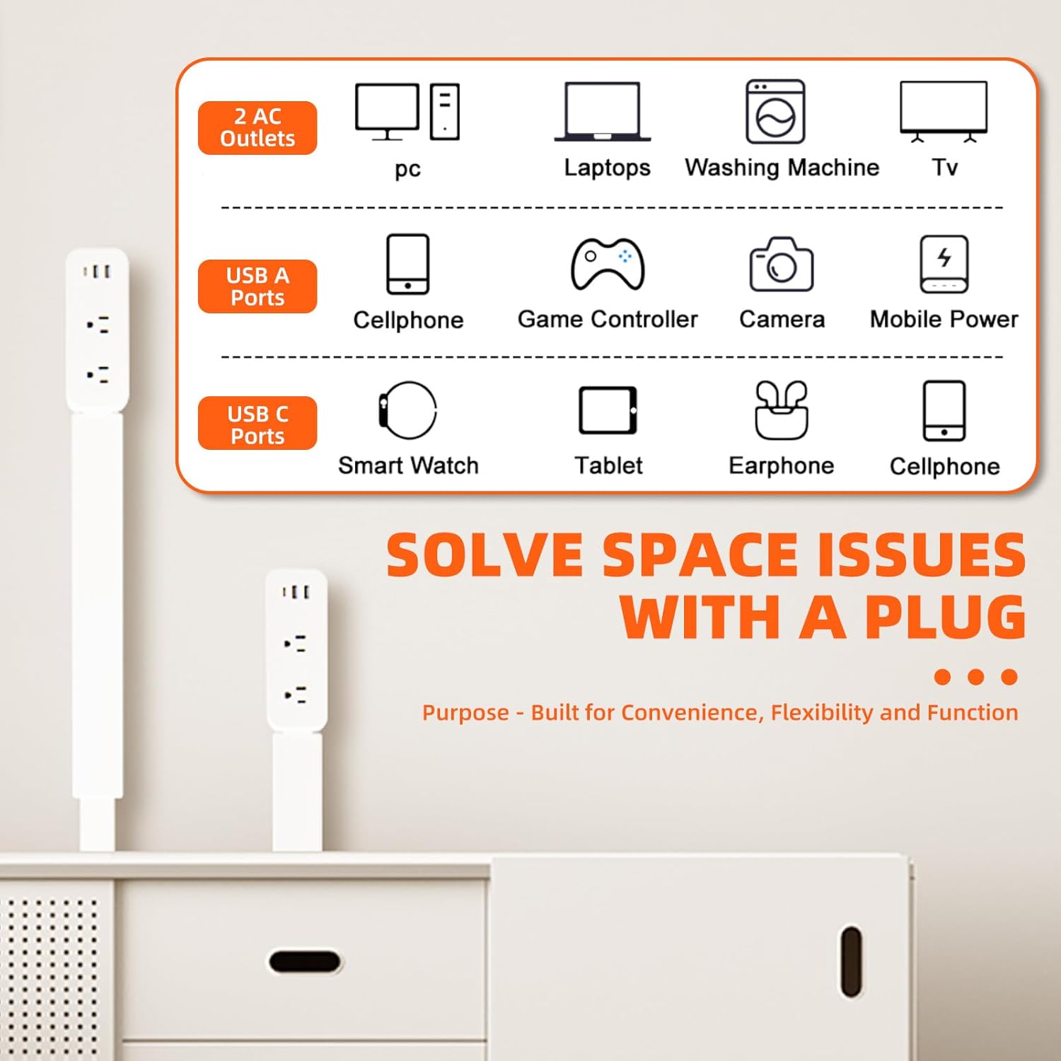 Electrical Outlet Extender Stick Features USB-A, USB-C, and 2 AC Electrical Outlet Extender for Hard to Reach Spaces Extends 22"-27", Rotates 180°. Use Behind Couches, Nightstands, Desks (Model 3)