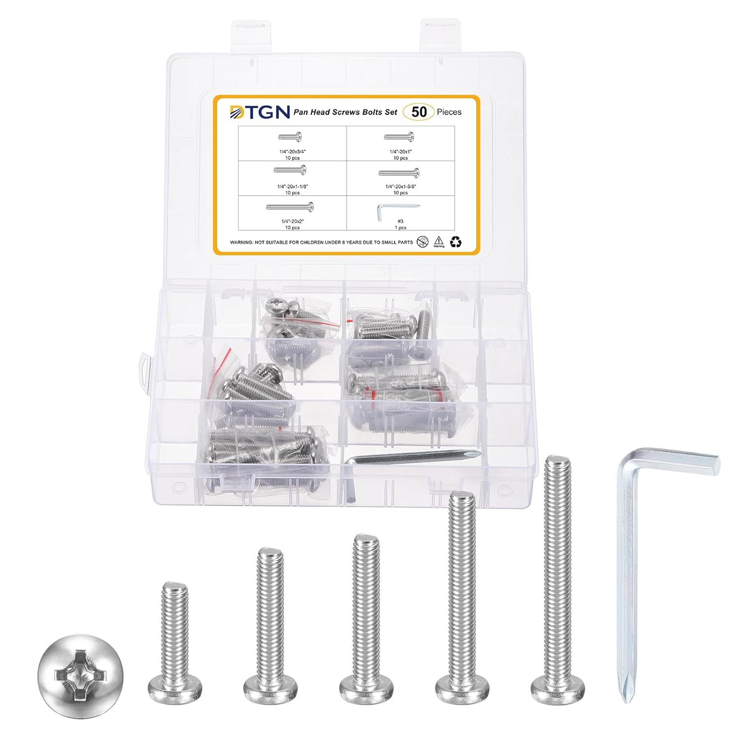 DTGN 1/4"-20 Pan Head Machine Bolts Assortment Kit - 100pcs - Good for Machinery - 304 Stainless Steel Phillips Screws Set W/Hex Wrench - Washed Silver