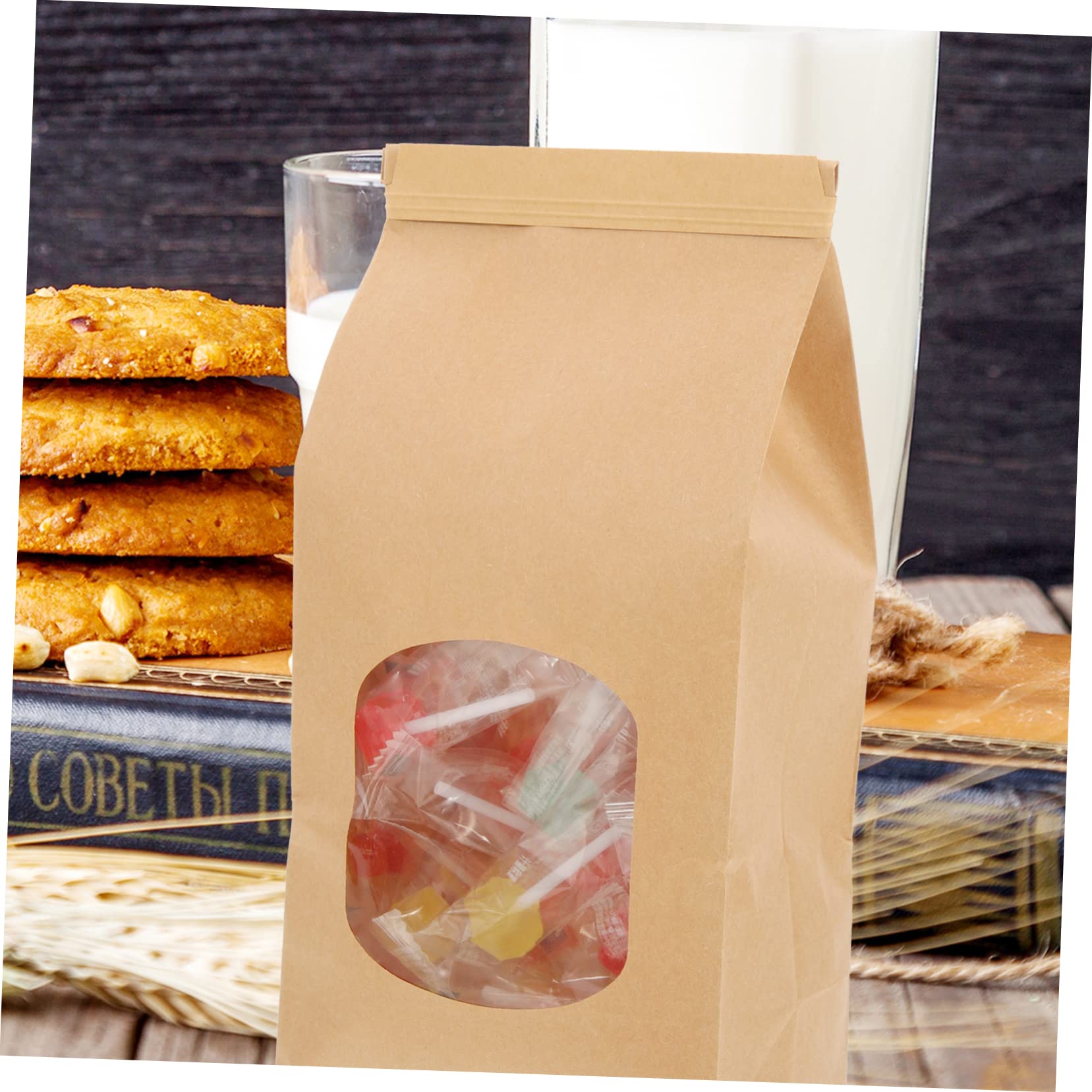 Sacchetti di Biscotti in Carta Kraft Finestra Trasparente, 100 Pezzi Chiusura Facile e Linguette Metalliche, per Confezionare Dolci e Snack Natalizi