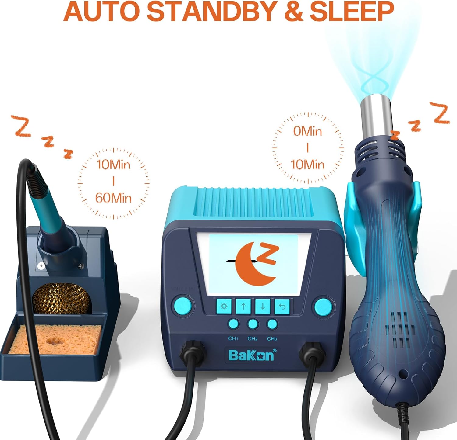 BAKON 882 showing auto standby and sleep function with timers for both soldering iron and hot air gun.