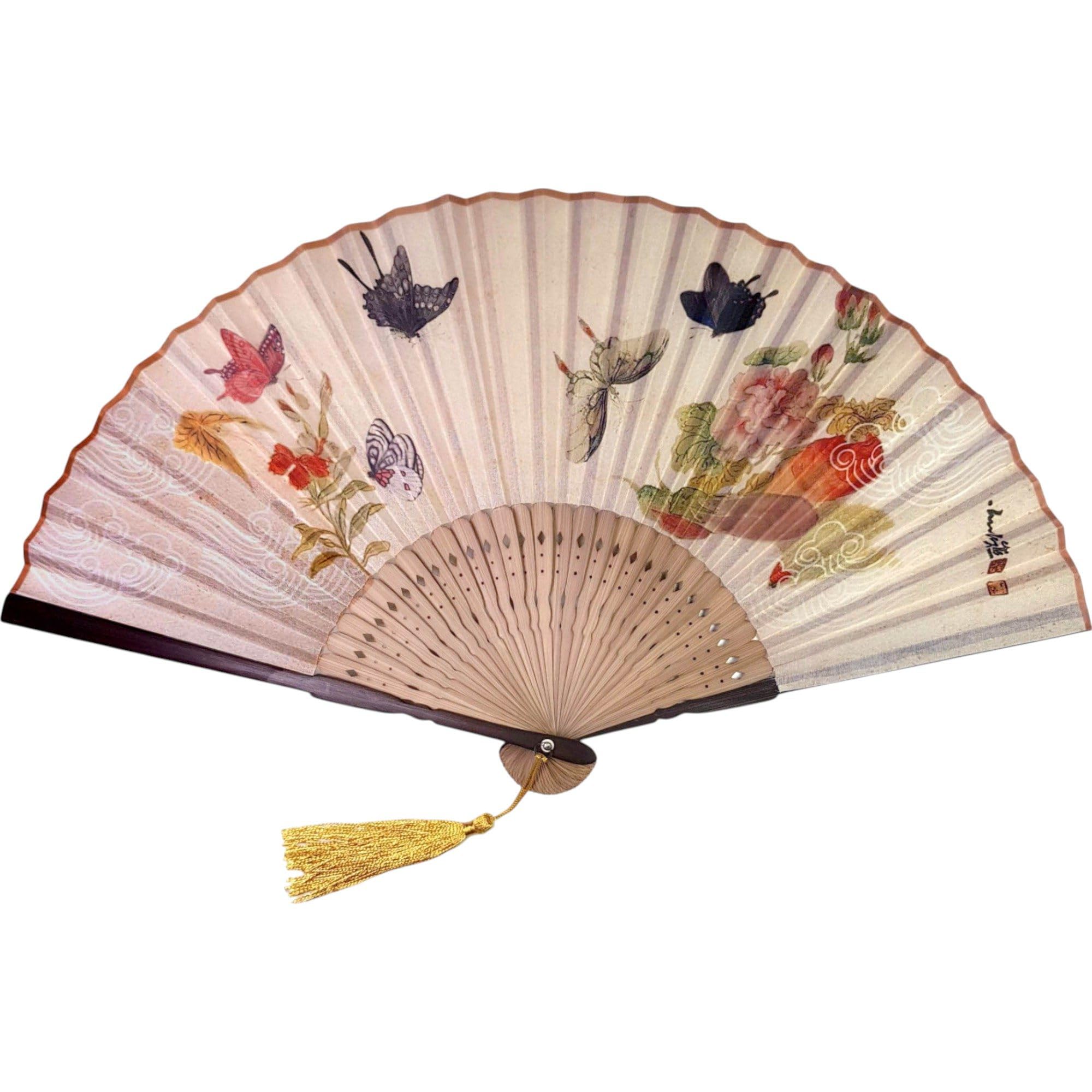 GFM® Bamboo Silk Handheld Folding Japanese Chinese Hand Fan for Summer, Wedding, Party Favour (MR-E) (F15-28-Butterflies)(FLSLK-F15-28) — image 1