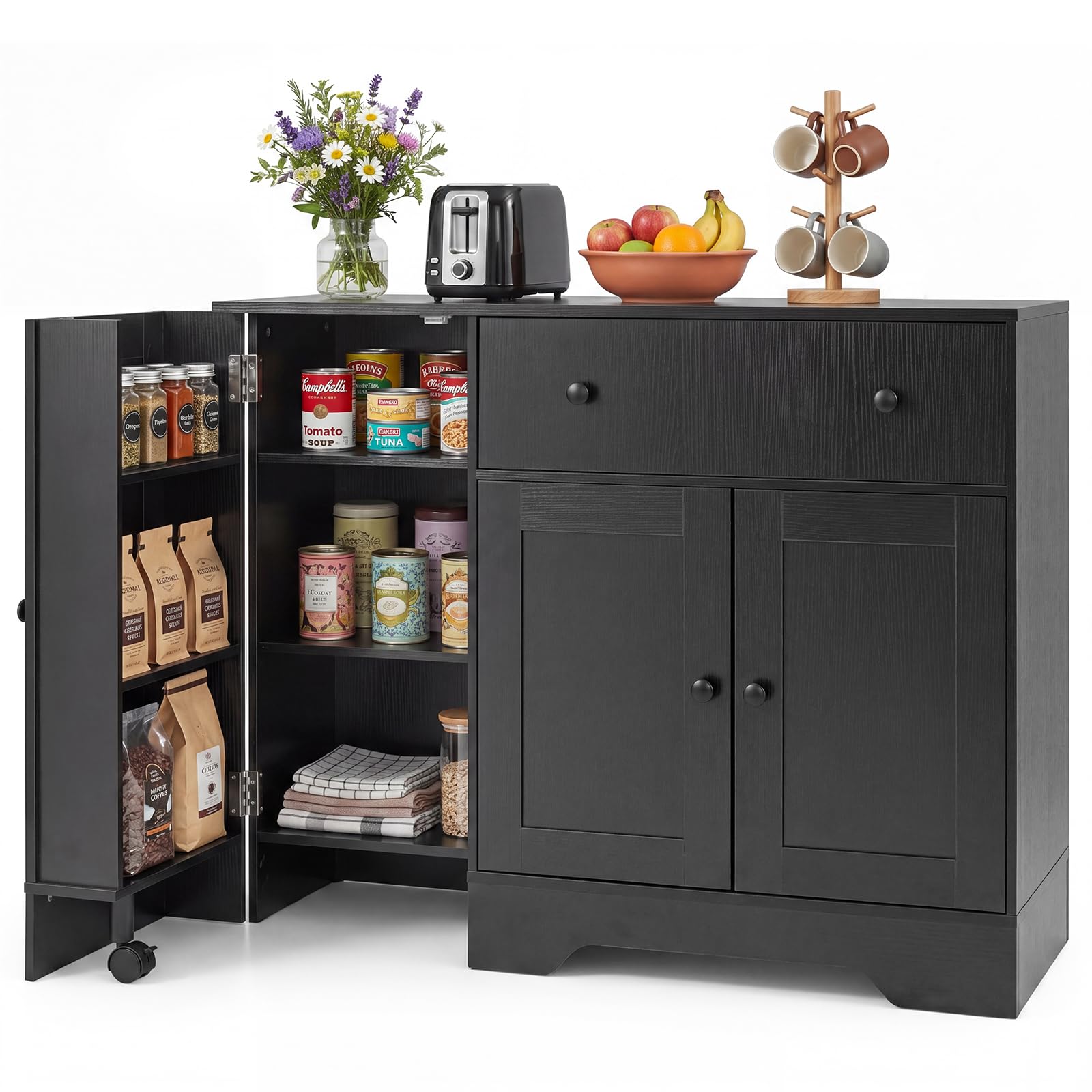COSTWAY Credenza Buffet da Cucina in Legno, 105 x 40 x 83 cm (Nero) | Mobile Dispensa da Cucina con Cassetto, Ripiani, Anta Girevole con Ruota, Armadietto a 2 Ante, per Soggiorno e Sala da Pranzo
