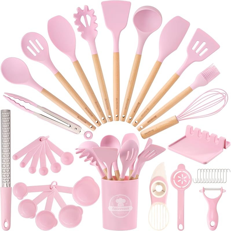 Astercook Juego de utensilios de cocina, 39 piezas de utensilios de cocina de silicona con mango de madera, juegos de utensilios de cocina resistentes al calor de 446 °F, juego de herramientas de utensilios de cocina sin BPA para utensilios de cocina antiadherentes (rosa)