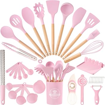 Astercook Kitchen Utensils set, 39 PCS Silicone Cooking Utensils Set with Wooden Handle, 446 F Heat Resistant Food Grade Utensil Sets, BPA Free Kitchen Gadgets Tools Set for Nonstick Cookware Pink
