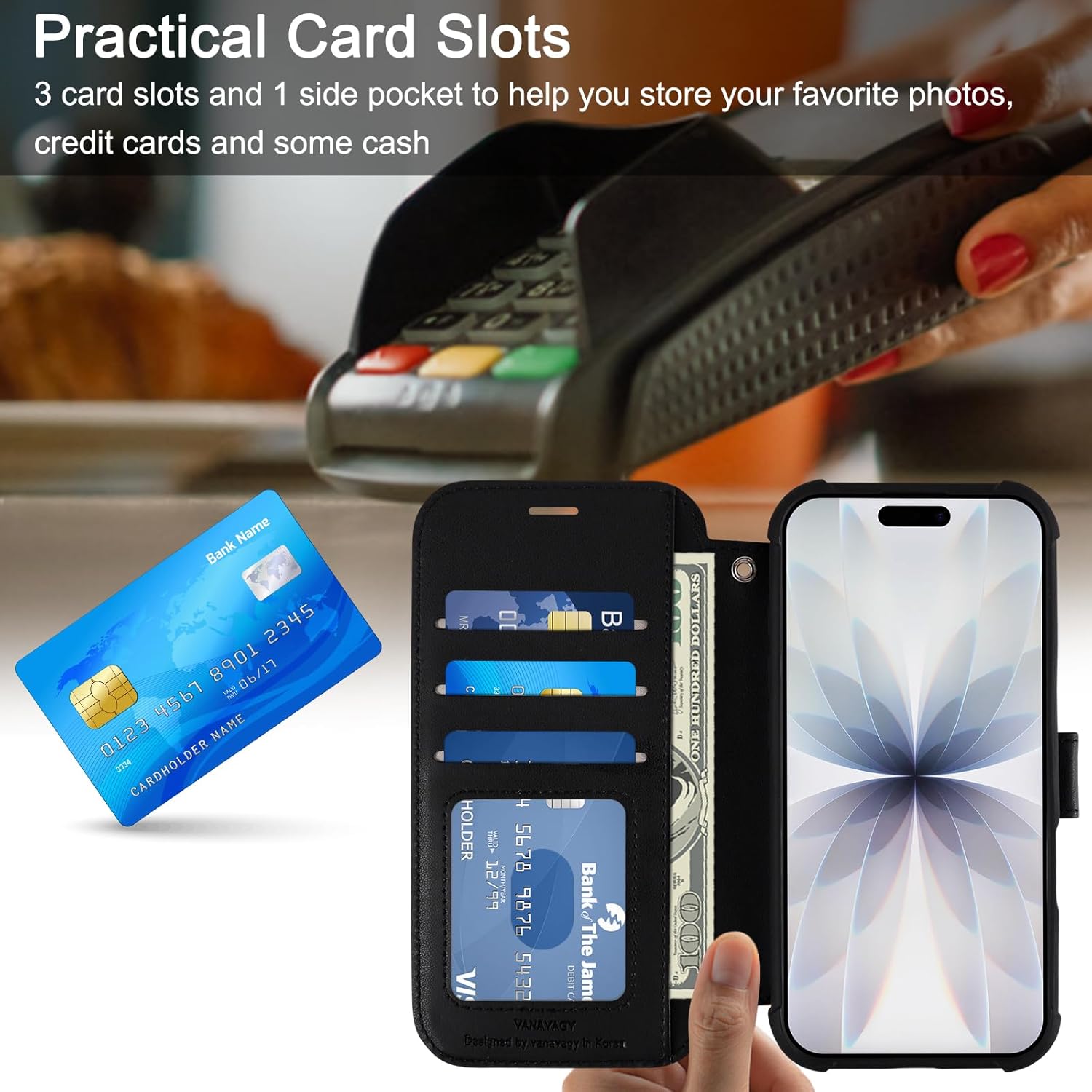 VANAVAGY Wallet Case Compatible for iPhone 17 6.3-inch 2025, Folio Flip Case with Wrist Strap RFID Blocking Card Holder Kickstand, PU Leather Shockproof Magnetic Phone Cover Screen Protector,Black